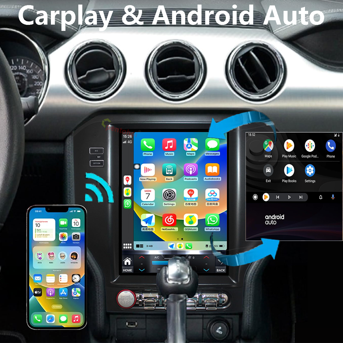 Pentohoi for Ford Mustang 2015-2022 Car Radio Upgrade Android Stereo Replacement Touch Screen 8 core CPU Tesla Vertical Screen Style Support Carplay and Android Auto DSP 5G WiFi