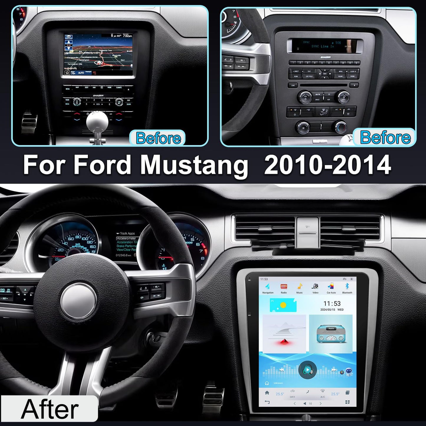 Pentohoi for Ford Mustang 2009-2014 Car Radio Upgrade Android Stereo Replacement Touch Screen 8 core CPU Tesla Vertical Screen Style Support Carplay and Android Auto DSP 5G WiFi