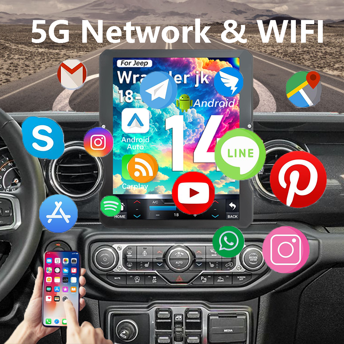 Pentohoi for Jeep Wrangler Gladiator 2018-2023 Car Radio Upgrade Android  Stereo Replacement Touch Screen 8 core CPU Tesla Vertical Screen Style Support Carplay and Android Auto DSP 5G WiFi