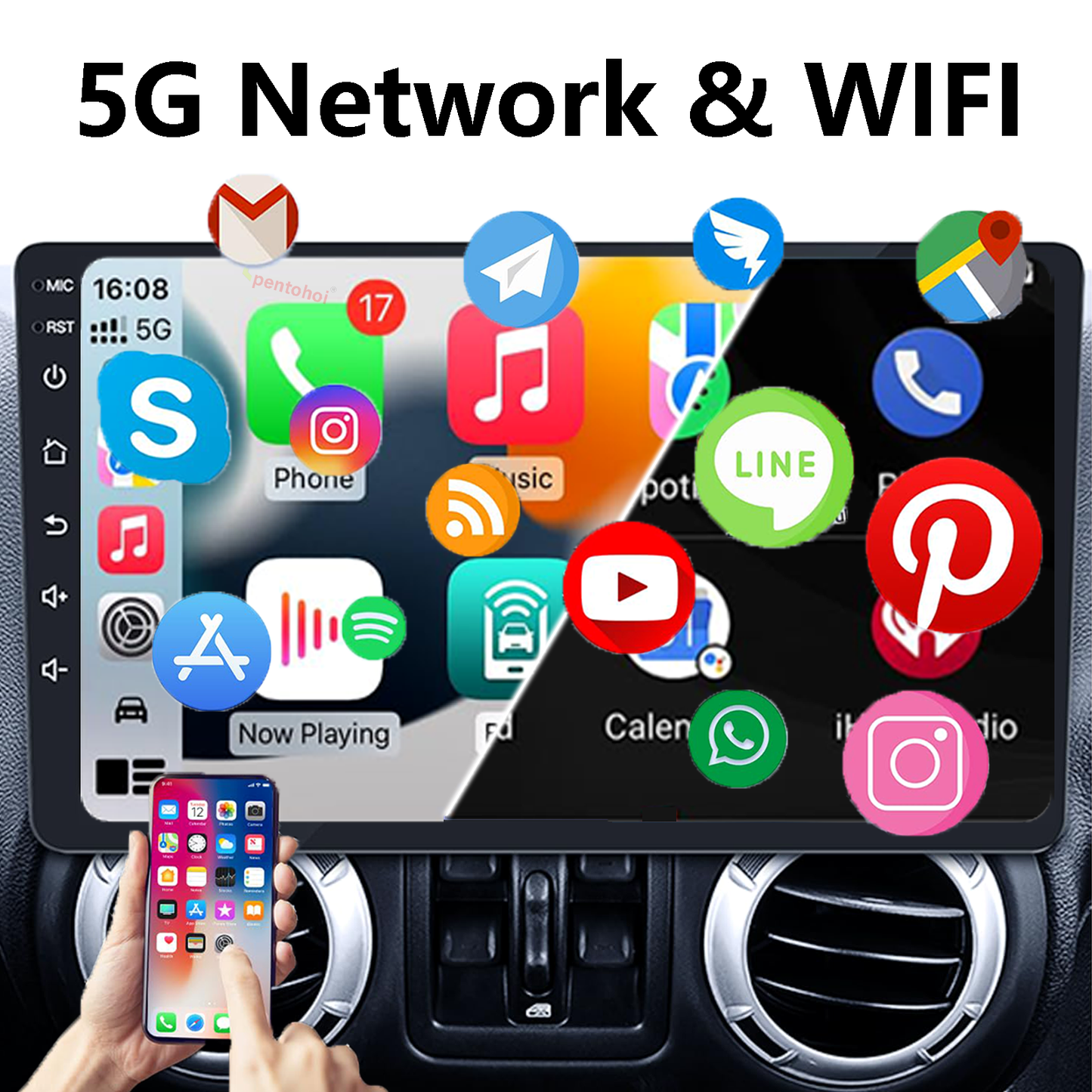 Pentohoi for Jeep Wrangler JK Compass Grand Cherokee Dodge Ram 1500 Car Radio Upgrade Android  Stereo Replacement Touch Screen 8 core CPU Touch Vertical Screen Style Support Carplay and Android Auto DSP 5G WiFi