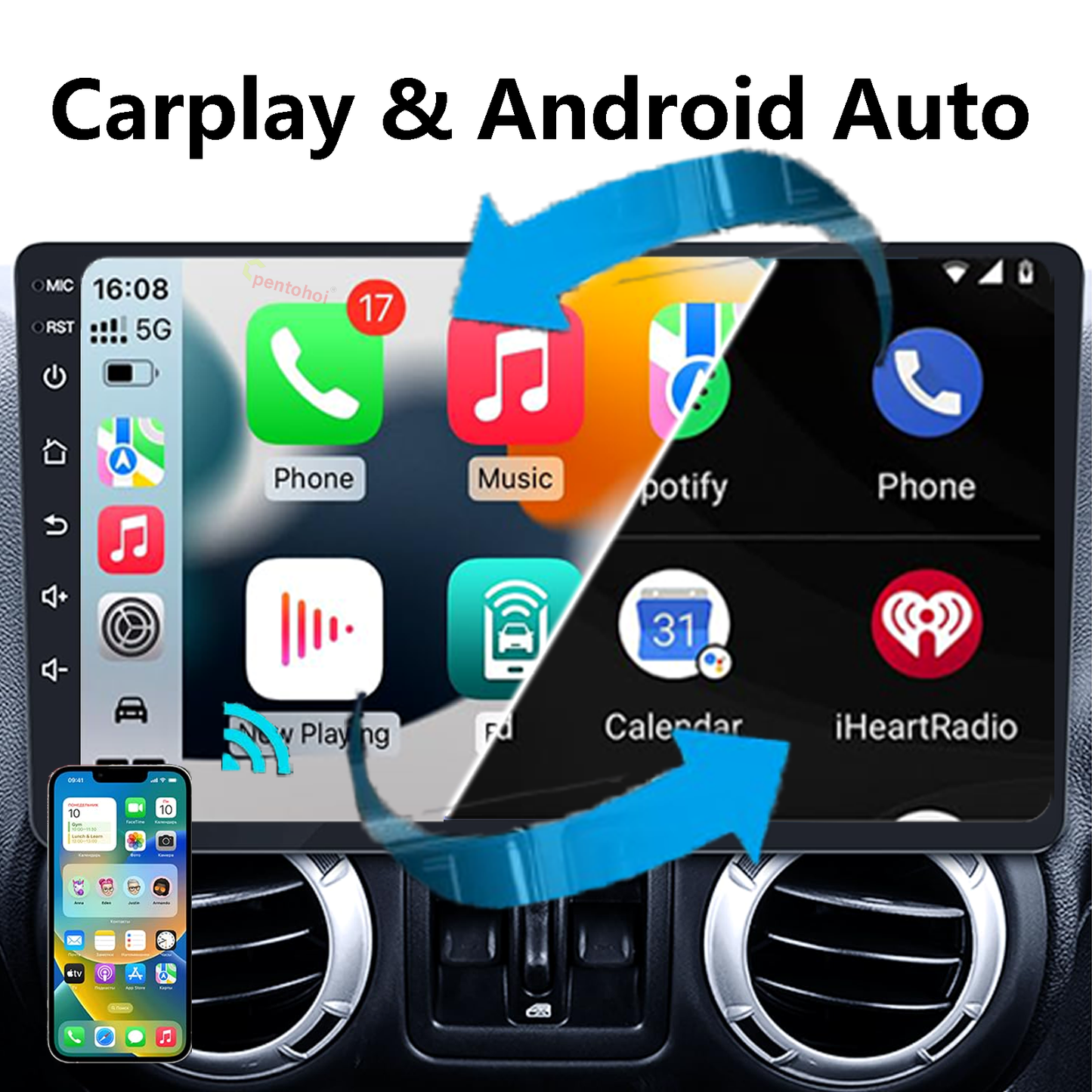 Pentohoi for Jeep Wrangler JK Compass Grand Cherokee Dodge Ram 1500 Car Radio Upgrade Android  Stereo Replacement Touch Screen 8 core CPU Touch Vertical Screen Style Support Carplay and Android Auto DSP 5G WiFi