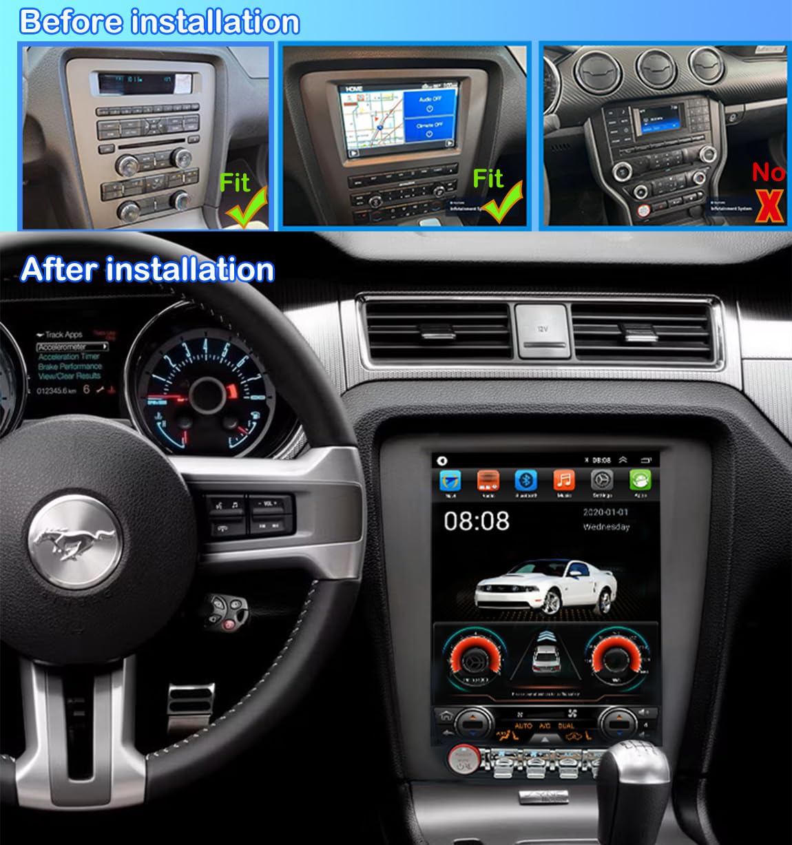 Pentohoi for Ford Mustang 2010-2014 Car Radio Upgrade Android  Stereo Replacement Touch Screen 8 core CPU Tesla Vertical Screen Style Support Carplay and Android Auto DSP 5G WiFi