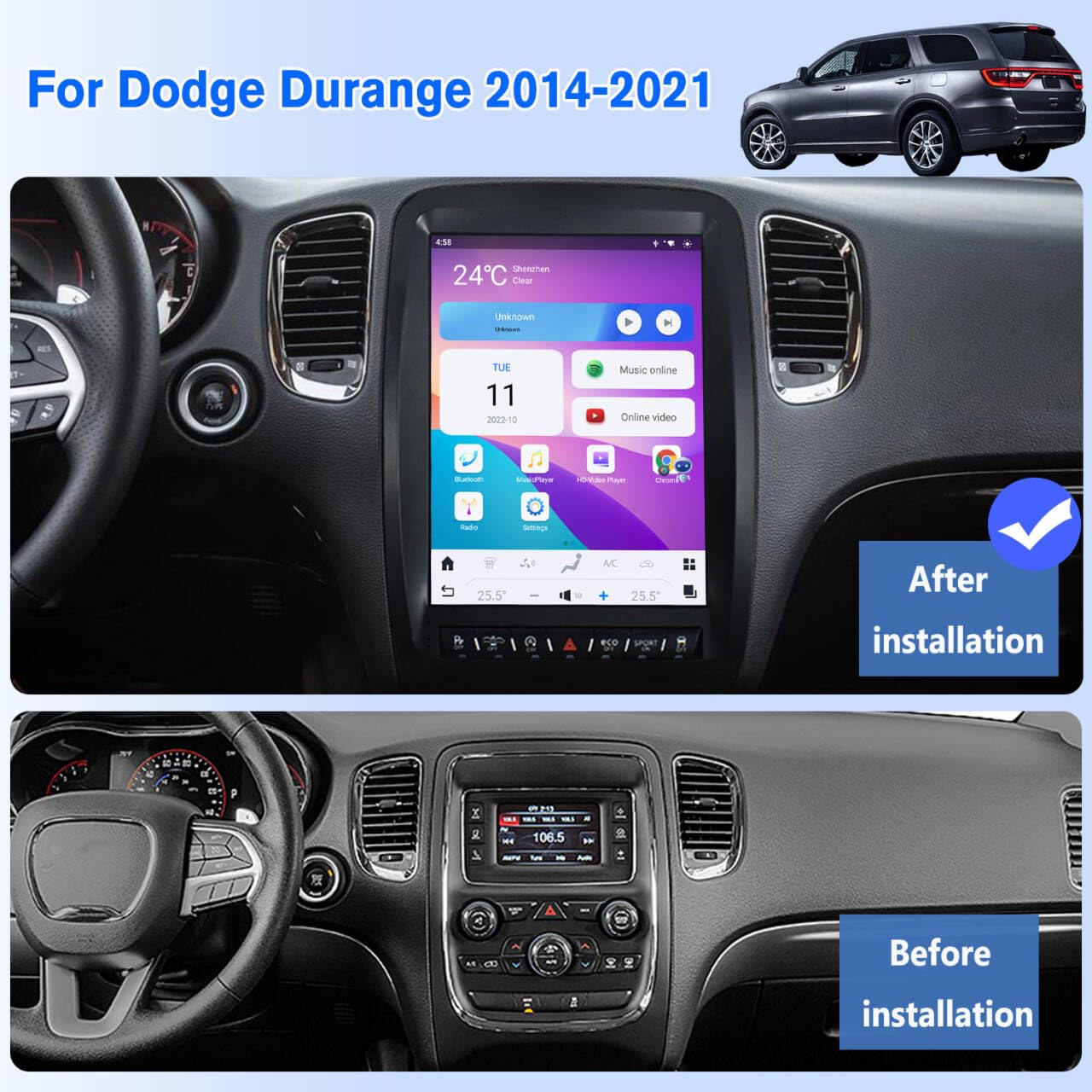 Pentohoi for Dodge Durango 2014-2021 Car Radio Upgrade Android  Stereo Replacement Touch Screen 8 core CPU Tesla Vertical Screen Style Support Carplay and Android Auto DSP 5G WiFi