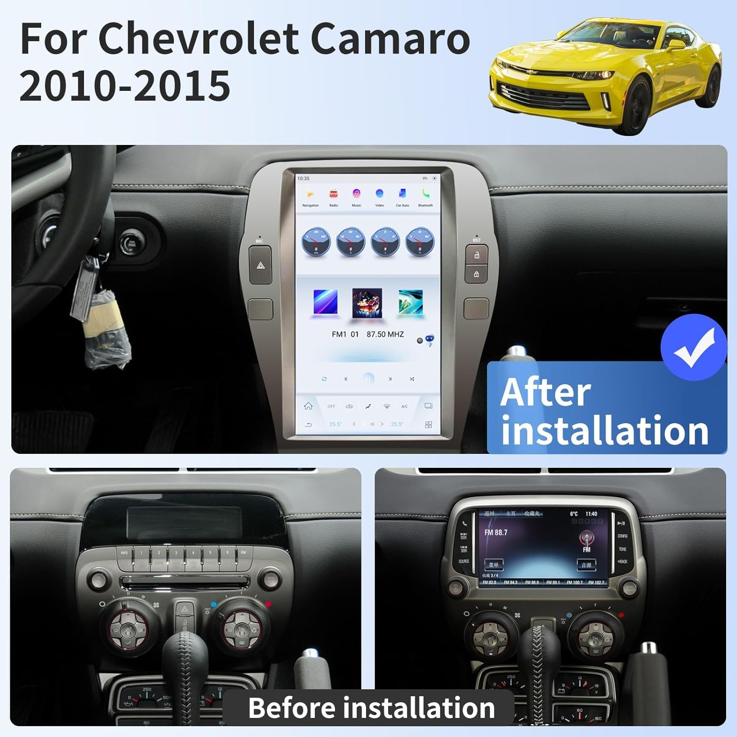 Pentohoi for Chevrolet Camaro 2010-2015 Car Radio Upgrade Android  Stereo Replacement Touch Screen 8 core CPU Tesla Vertical Screen Style Support Carplay and Android Auto DSP 5G WiFi