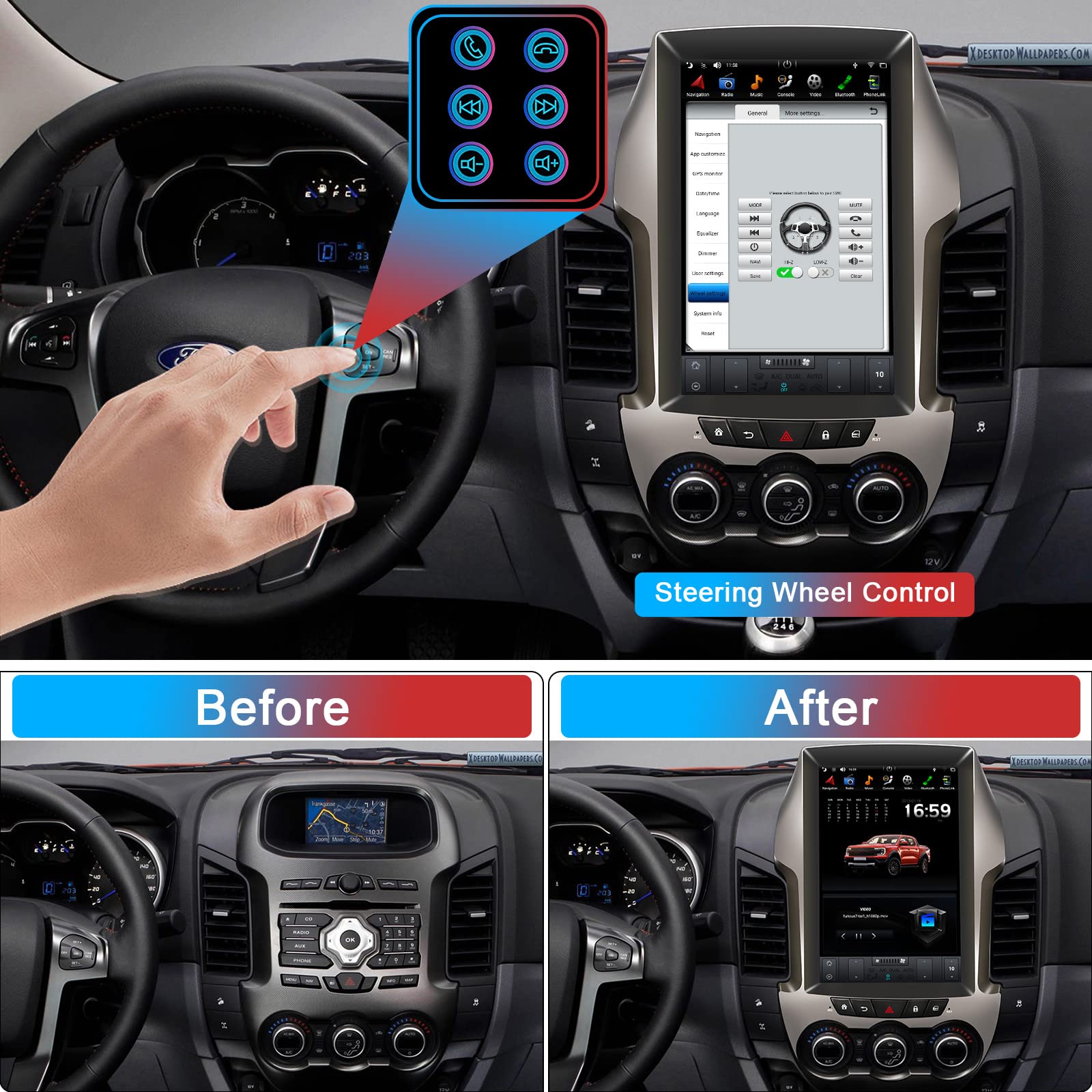 Pentohoi for Ford Ranger 2012 Car Radio Upgrade Android  Stereo Replacement Touch Screen 8 core CPU Tesla Vertical Screen Style Support Carplay and Android Auto DSP 5G WiFi