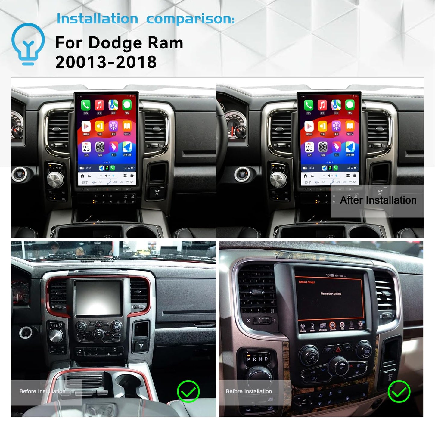 Pentohoi for Dodge RAM 1500 2500 3500 2013-2018 Car Radio Upgrade Android  Stereo Replacement Touch Screen 8 core CPU Tesla Vertical Screen Style Support Carplay and Android Auto DSP 5G WiFi