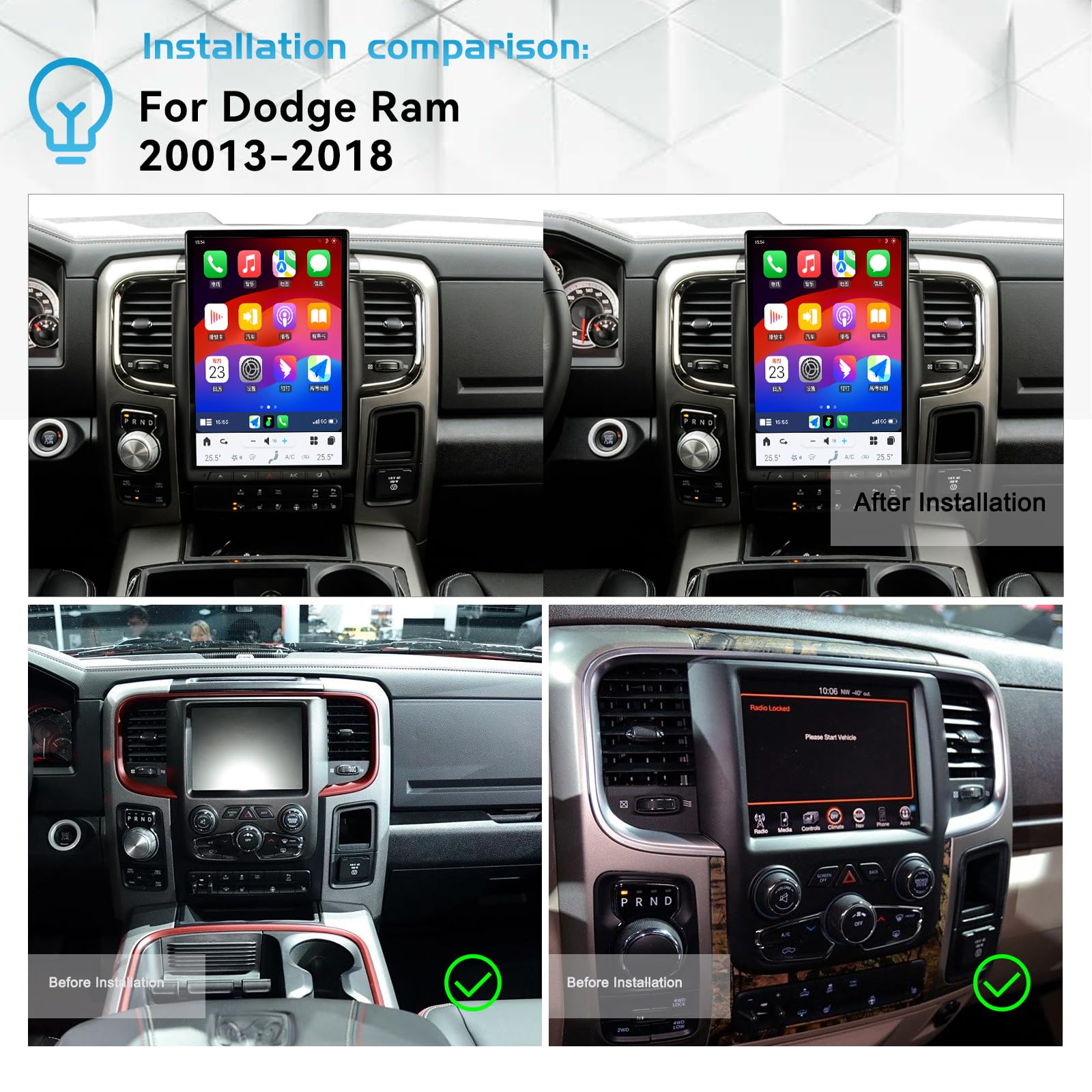 Pentohoi for Dodge RAM 1500 2500 3500 2013-2018 Car Radio Upgrade Android  Stereo Replacement Touch Screen 8 core CPU Tesla Vertical Screen Style Support Carplay and Android Auto DSP 5G WiFi
