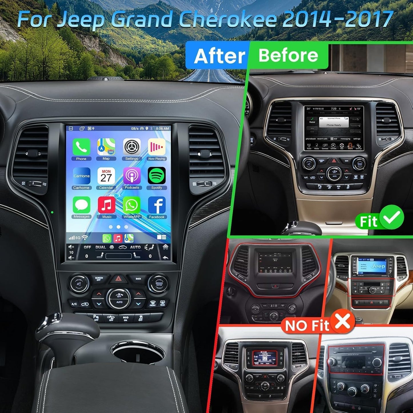 Pentohoi for Jeep Grand Cherokee 2008-2013 Car Radio Upgrade Android  Stereo Replacement Touch Screen 8 core CPU Tesla Vertical Screen Style Support Carplay and Android Auto DSP 5G WiFi