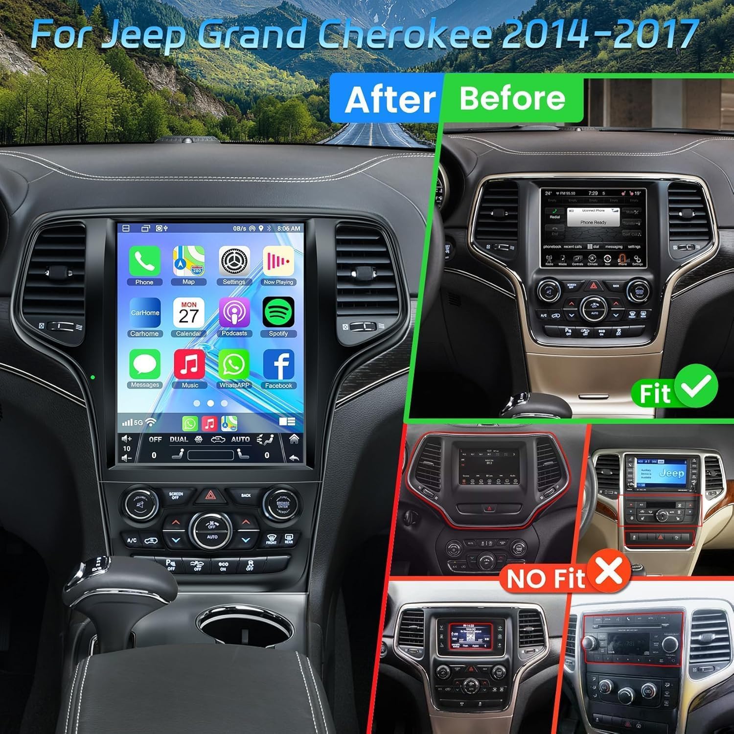 Pentohoi for Jeep Grand Cherokee 2008-2013 Car Radio Upgrade Android  Stereo Replacement Touch Screen 8 core CPU Tesla Vertical Screen Style Support Carplay and Android Auto DSP 5G WiFi