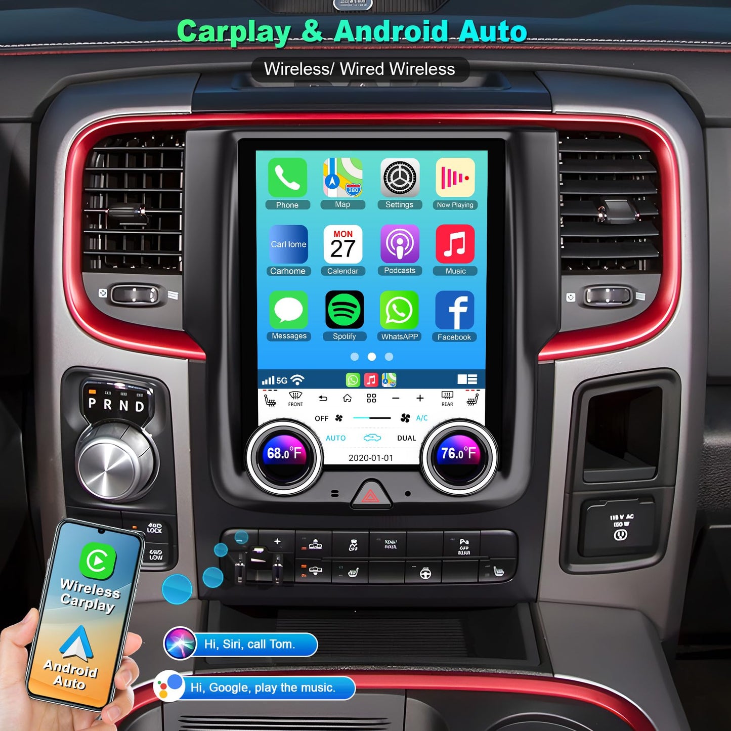 Pentohoi for Dodge RAM 1500 2500 3500 2013-2018 Car Radio Upgrade Android  Stereo Replacement Touch Screen 8 core CPU Tesla Vertical Screen Style Support Carplay and Android Auto DSP 5G WiFi