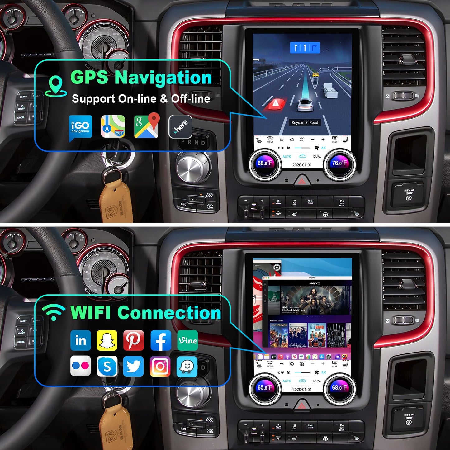 Pentohoi for Dodge RAM 1500 2500 3500 2013-2018 Car Radio Upgrade Android  Stereo Replacement Touch Screen 8 core CPU Tesla Vertical Screen Style Support Carplay and Android Auto DSP 5G WiFi