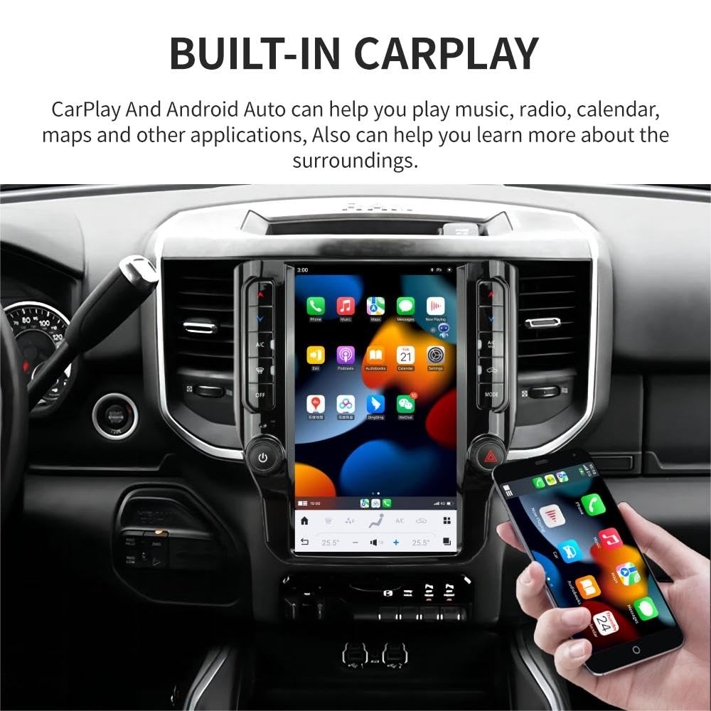 Pentohoi for Dodge RAM 1500 2500 3500 2019-2024 Car Radio Upgrade Android  Stereo Replacement Touch Screen 8 core CPU Tesla Vertical Screen Style Support Carplay and Android Auto DSP 5G WiFi